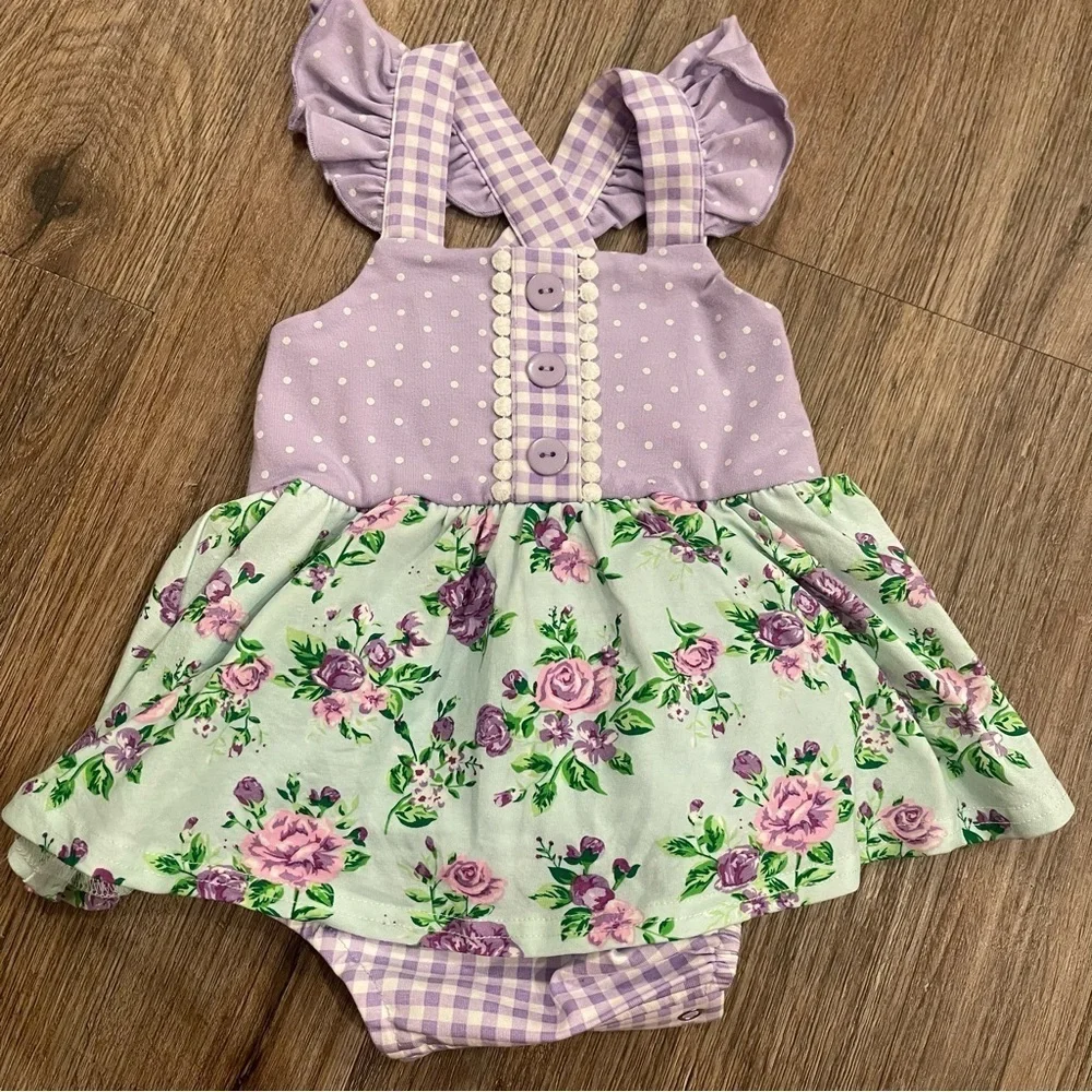 Serendipity Romper Baby Girl Sz Newborn Pastel Purple Mint Floral Gingham Girly